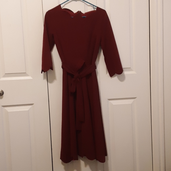 Rich Maroon Scalloped Tie Dress - Picture 2 of 5